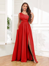 Chic One Shoulder Cutout Waist Chiffon Bridesmaid Dresses With Pockets