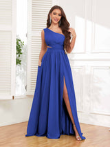 Chic One Shoulder Cutout Waist Chiffon Bridesmaid Dresses With Pockets