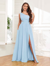 Chic One Shoulder Cutout Waist Chiffon Bridesmaid Dresses With Pockets