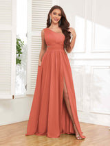 Chic One Shoulder Cutout Waist Chiffon Bridesmaid Dresses With Pockets