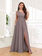 Chic One Shoulder Cutout Waist Chiffon Bridesmaid Dresses With Pockets