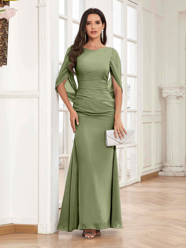 Olive Green Chic Pleated Trumpet Floor Length Chiffon Mother Of The Bride Dresses