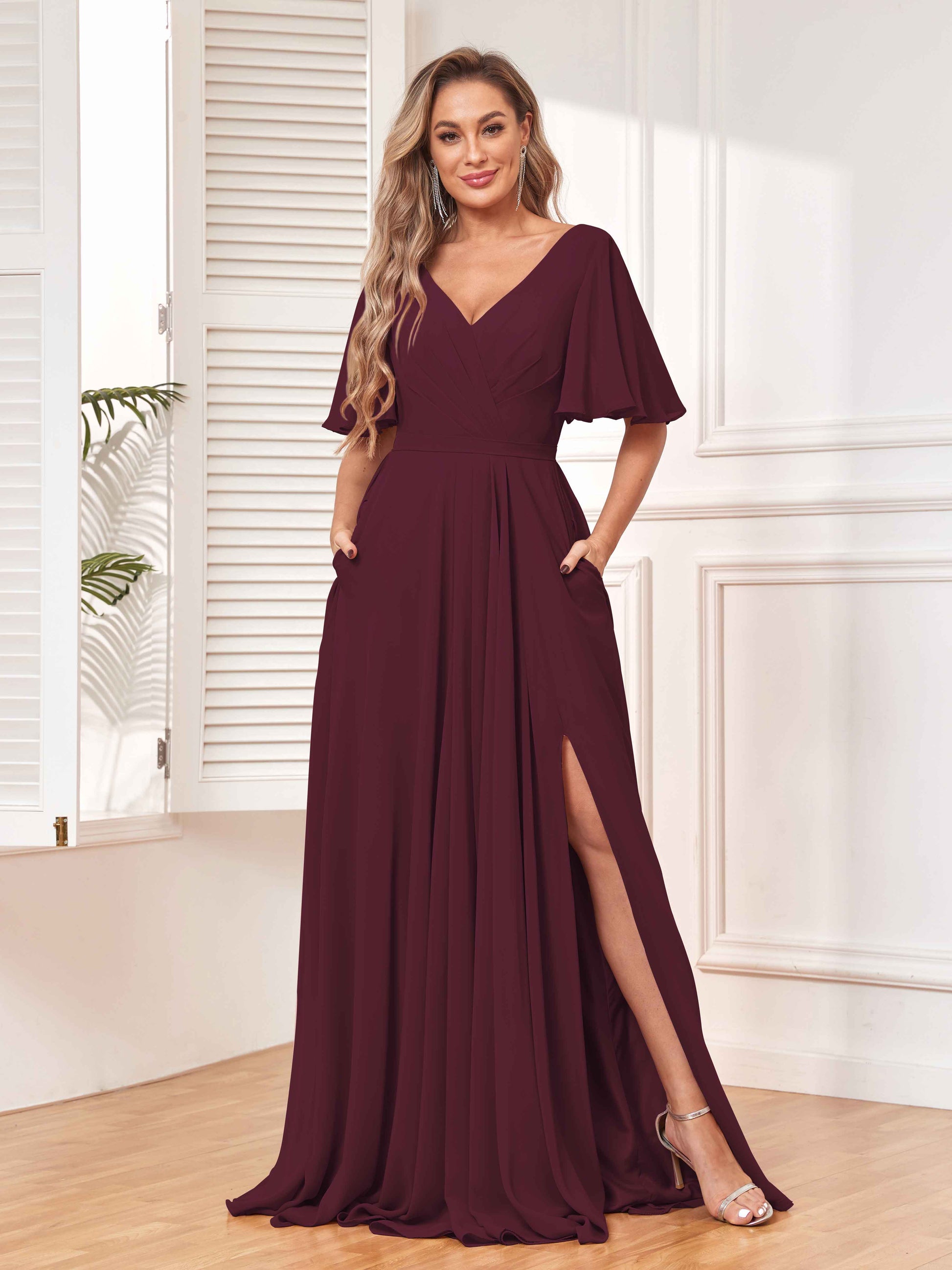 Chic Short Sleeves Ruched Chiffon Bridesmaid Dresses With Pockets –