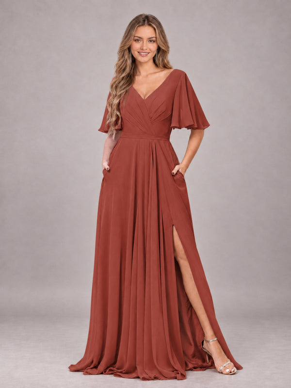 Rust Chic Short Sleeves Ruched Chiffon Bridesmaid Dress With Pockets