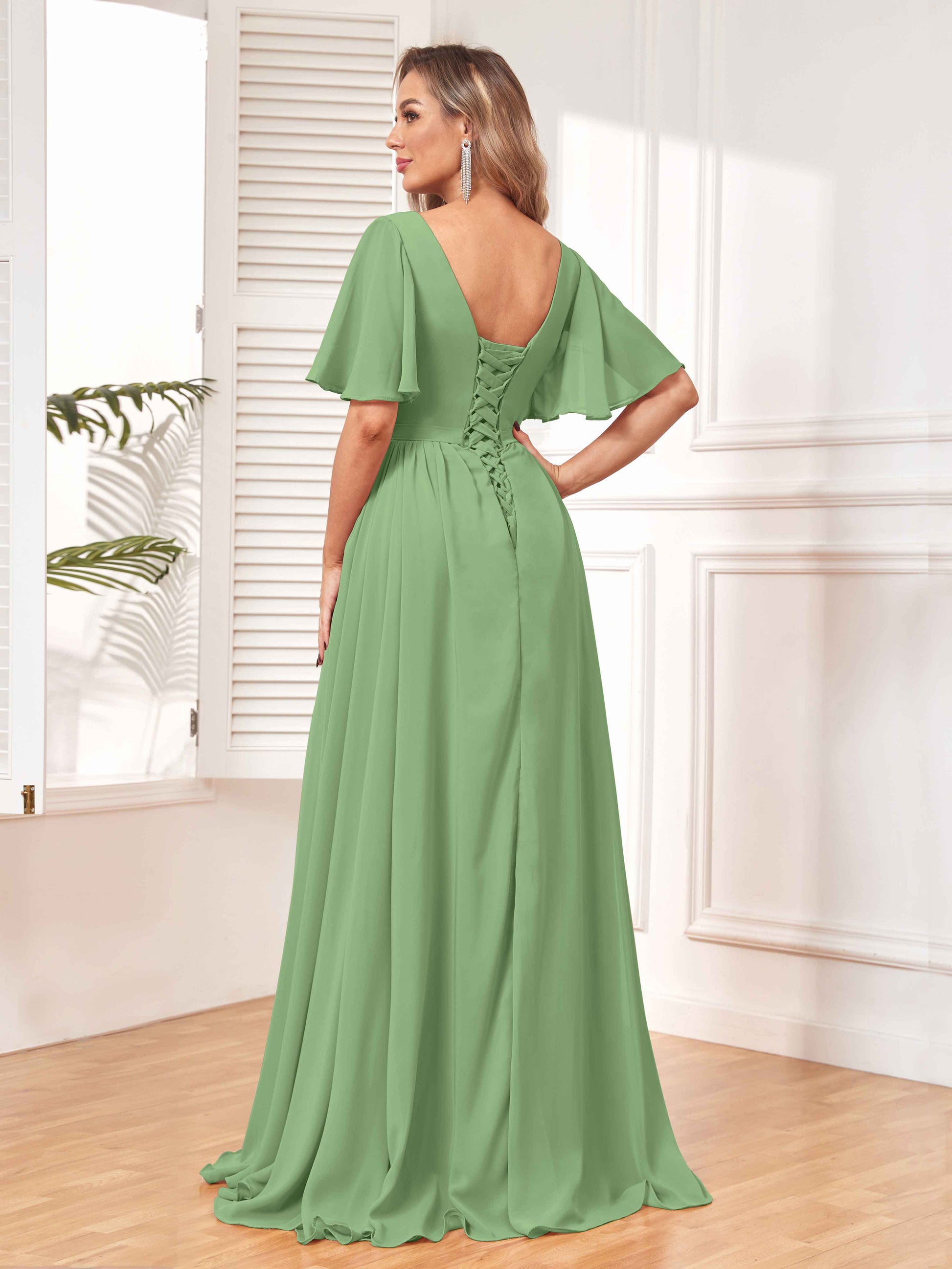 Chic Short Sleeves Ruched Chiffon Bridesmaid Dresses With Pockets –