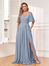 Chic Short Sleeves Ruched Chiffon Bridesmaid Dresses With Pockets