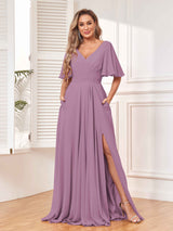Chic Short Sleeves Ruched Chiffon Bridesmaid Dresses With Pockets