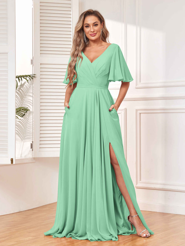 Mint Green Chic Short Sleeves Ruched Chiffon Bridesmaid Dresses With Pockets