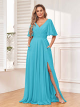 Chic Short Sleeves Ruched Chiffon Bridesmaid Dresses With Pockets