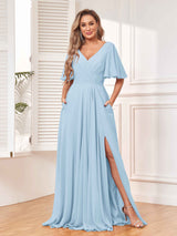 Chic Short Sleeves Ruched Chiffon Bridesmaid Dresses With Pockets