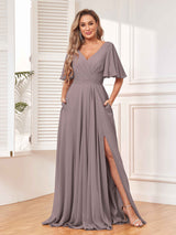Chic Short Sleeves Ruched Chiffon Bridesmaid Dresses With Pockets