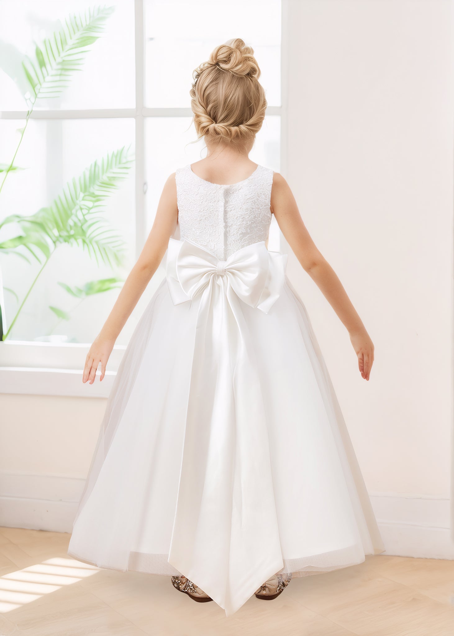 Chic Sleeveless Bow Back Lace Appliques Tulle Long Flower Girl Dresses