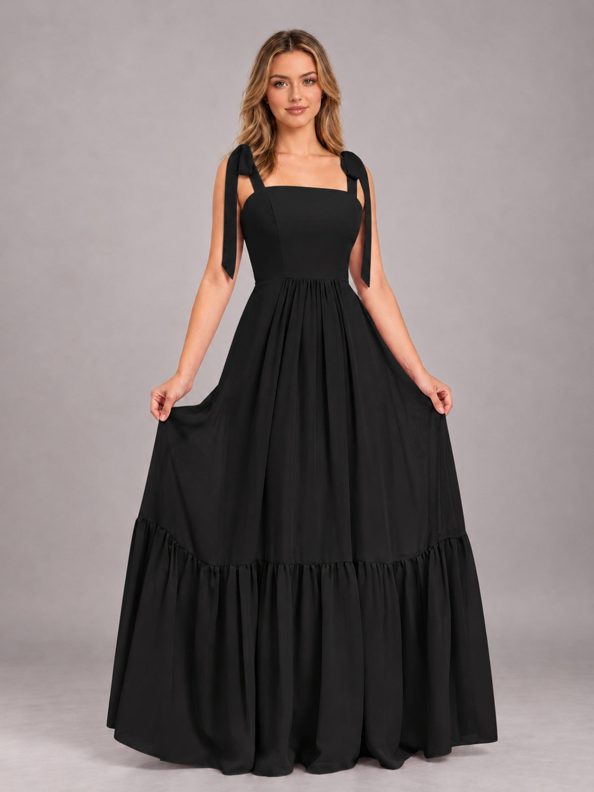 Black Chic Sleeveless Lace Up Back Floor Length Chiffon Bridesmaid Dress