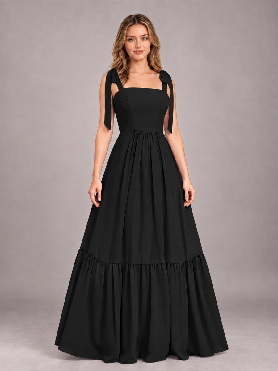 Black Chic Sleeveless Lace Up Back Floor Length Chiffon Bridesmaid Dress