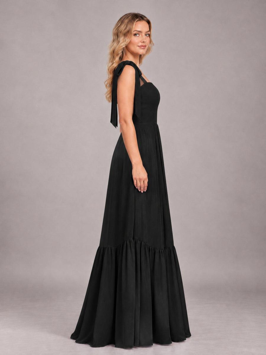 Black Chic Sleeveless Lace Up Back Floor Length Chiffon Bridesmaid Dress