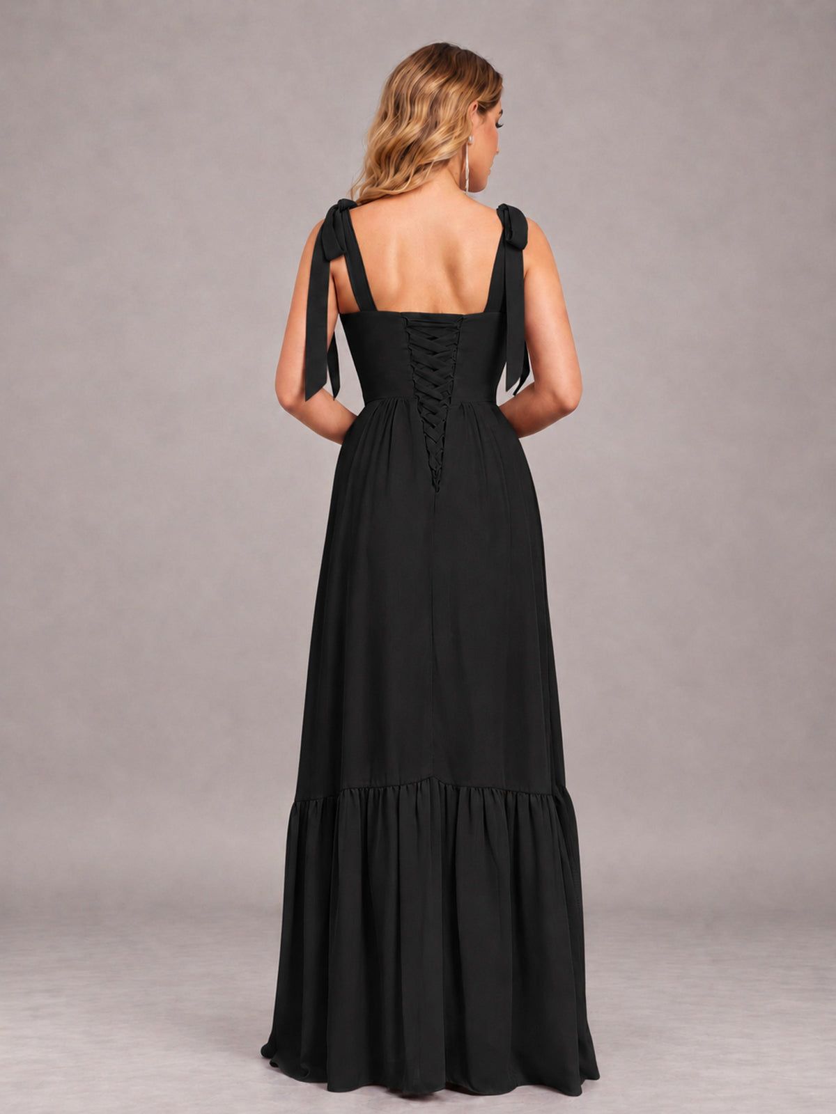 Black Chic Sleeveless Lace Up Back Floor Length Chiffon Bridesmaid Dress
