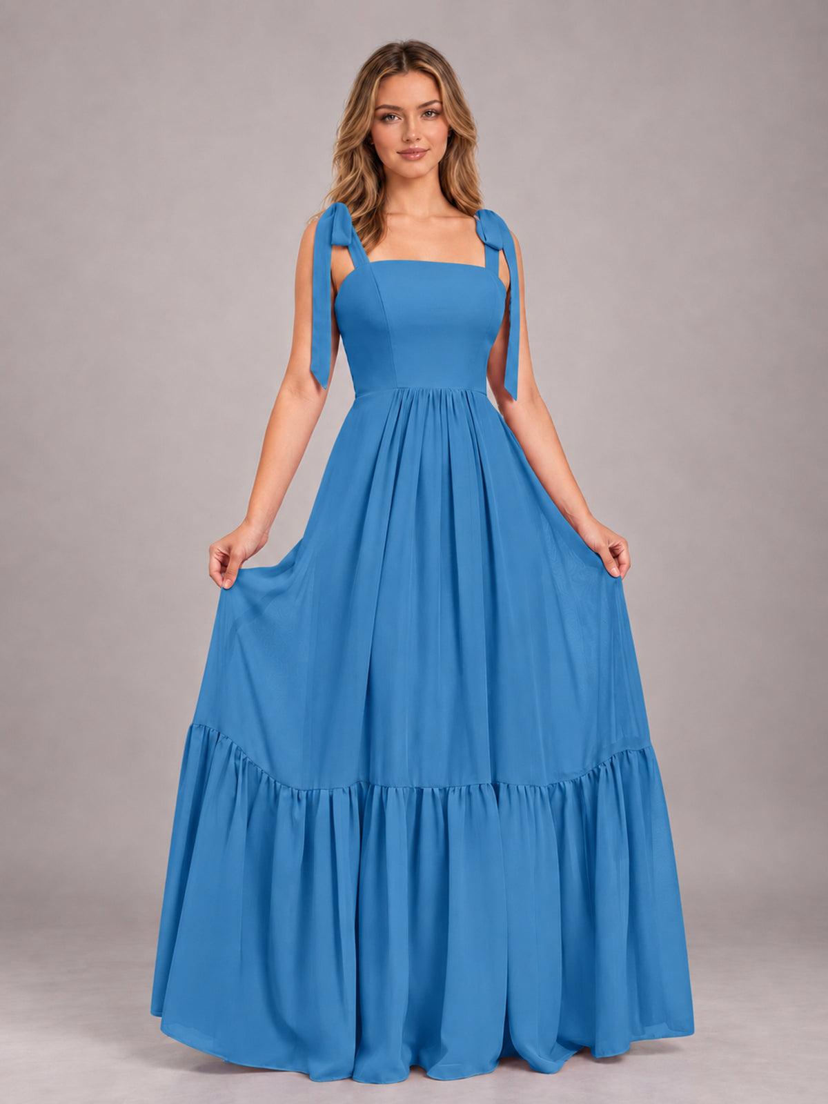 Blue Chic Sleeveless Lace Up Back Floor Length Chiffon Bridesmaid Dress