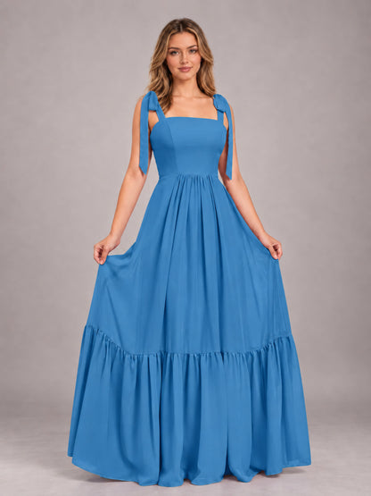 Blue Chic Sleeveless Lace Up Back Floor Length Chiffon Bridesmaid Dress