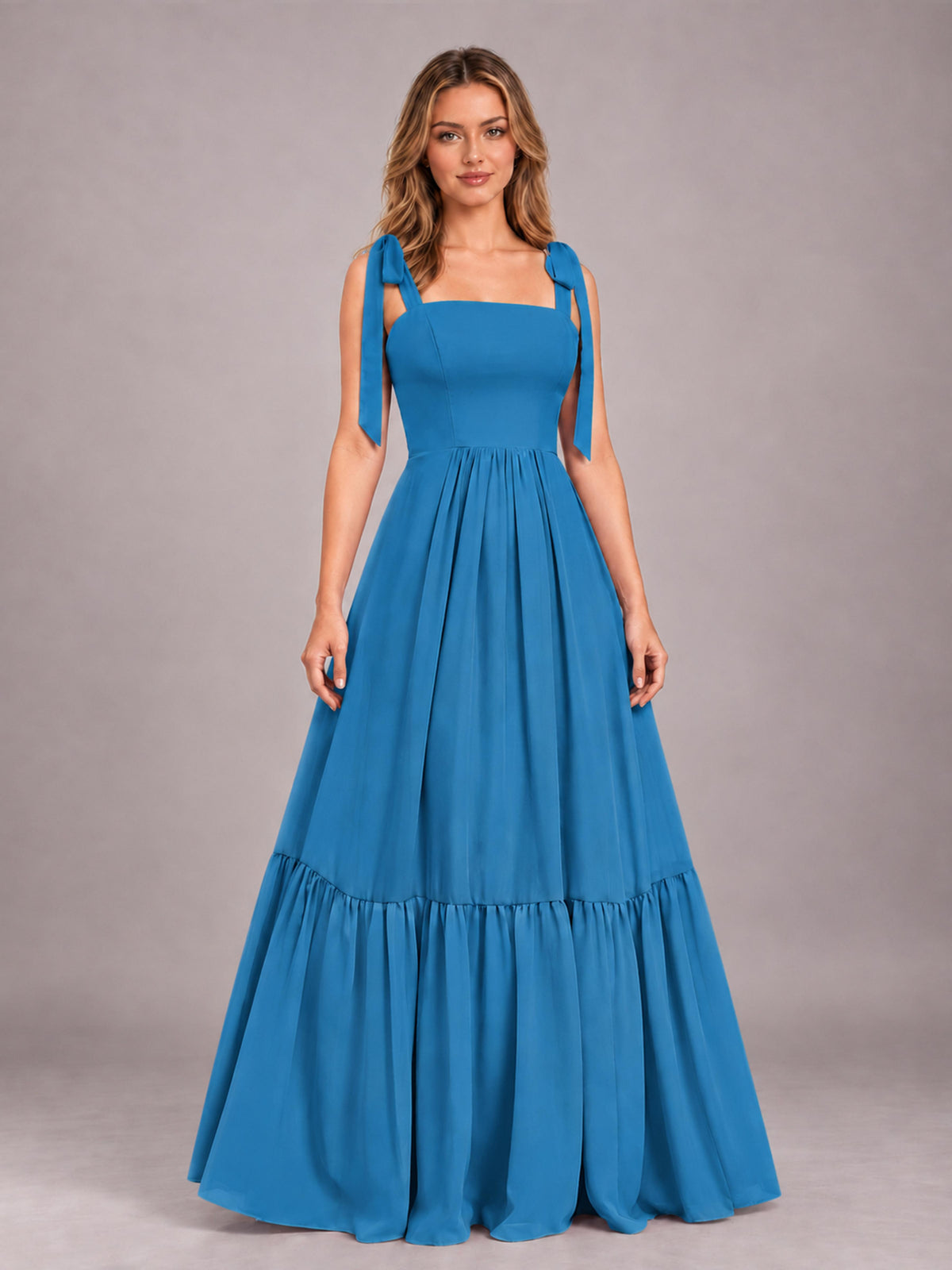 Blue Chic Sleeveless Lace Up Back Floor Length Chiffon Bridesmaid Dress