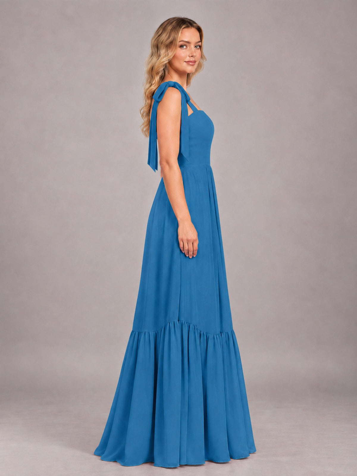 Blue Chic Sleeveless Lace Up Back Floor Length Chiffon Bridesmaid Dress