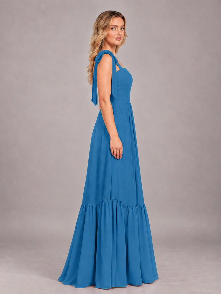 Blue Chic Sleeveless Lace Up Back Floor Length Chiffon Bridesmaid Dress