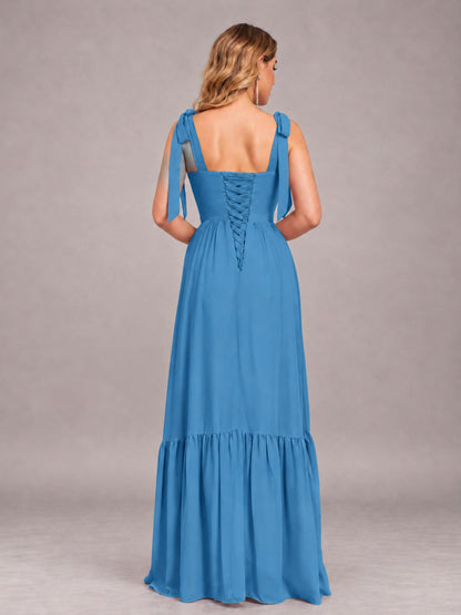 Blue Chic Sleeveless Lace Up Back Floor Length Chiffon Bridesmaid Dress