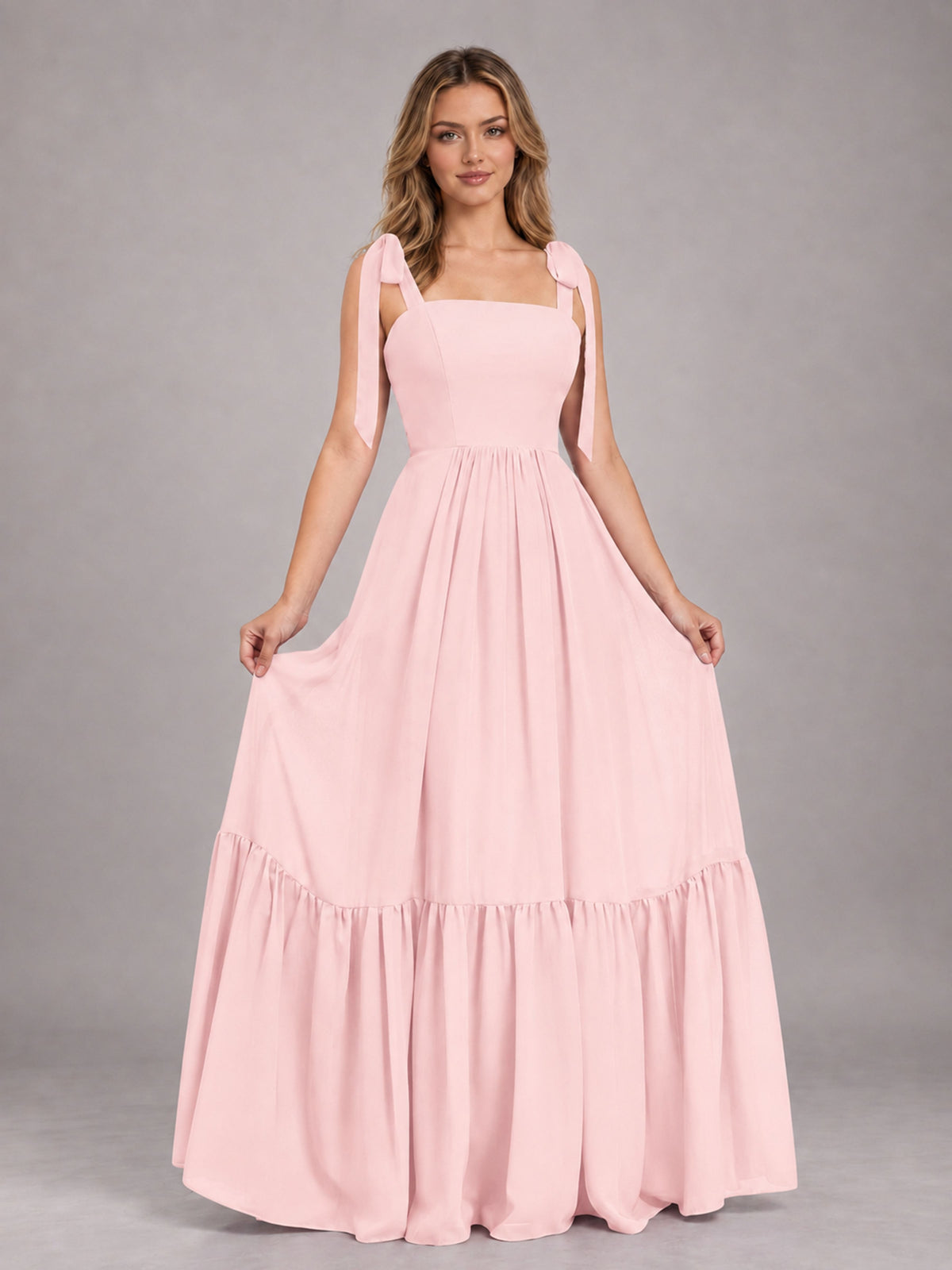 Blush Pink Chic Sleeveless Lace Up Back Floor Length Chiffon Bridesmaid Dress