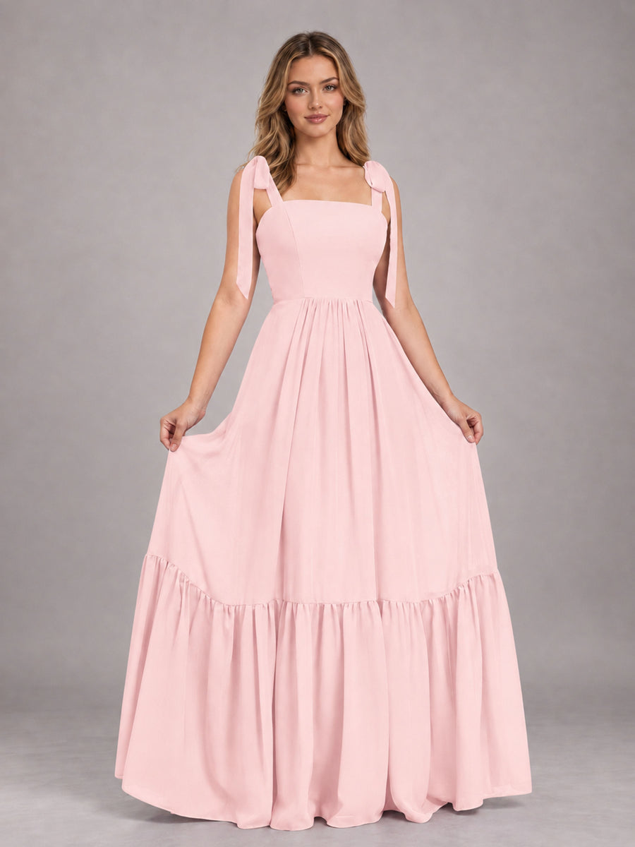 Blush Pink Chic Sleeveless Lace Up Back Floor Length Chiffon Bridesmaid Dress