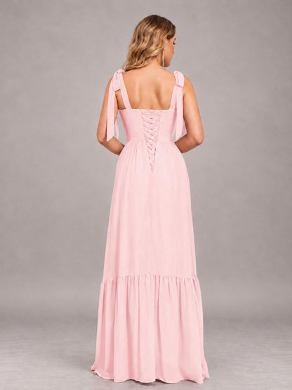 Blush Pink Chic Sleeveless Lace Up Back Floor Length Chiffon Bridesmaid Dress