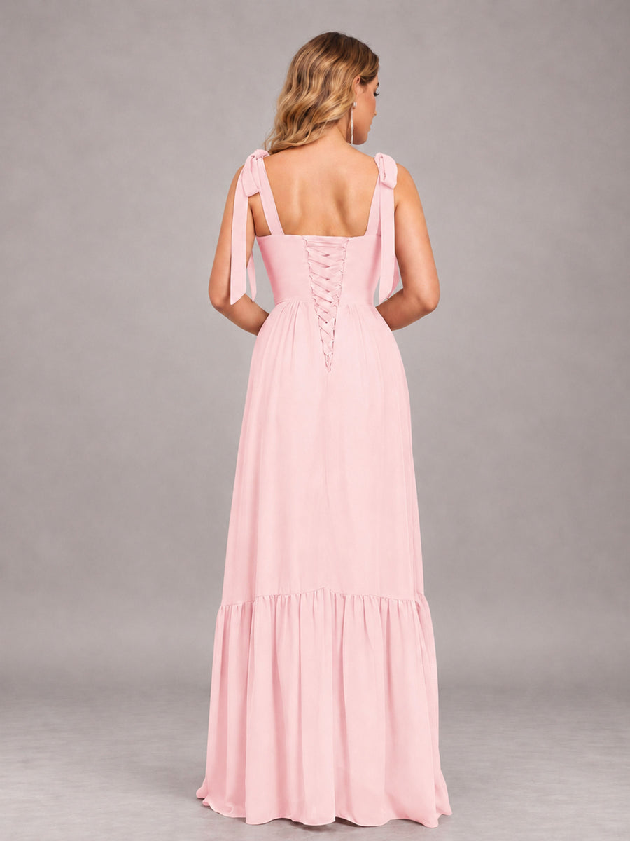 Blush Pink Chic Sleeveless Lace Up Back Floor Length Chiffon Bridesmaid Dress