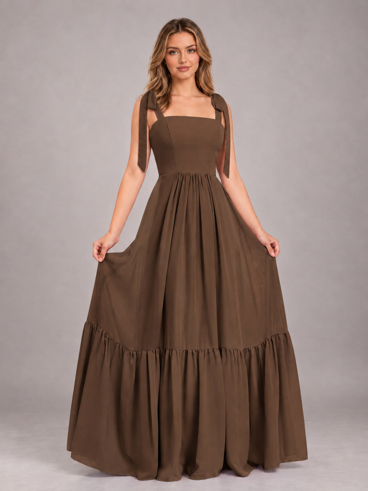 Brown Chic Sleeveless Lace Up Back Floor Length Chiffon Bridesmaid Dress