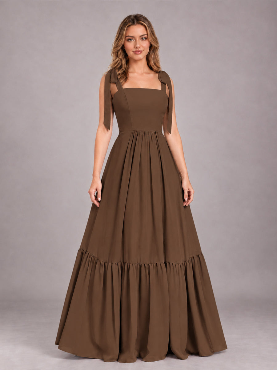 Brown Chic Sleeveless Lace Up Back Floor Length Chiffon Bridesmaid Dress