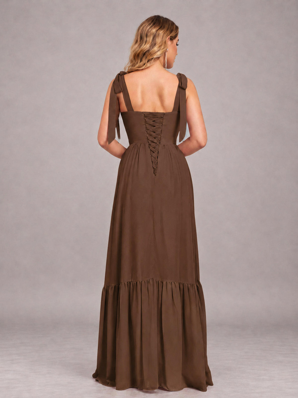 Brown Chic Sleeveless Lace Up Back Floor Length Chiffon Bridesmaid Dress