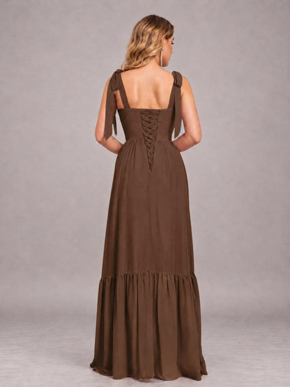 Brown Chic Sleeveless Lace Up Back Floor Length Chiffon Bridesmaid Dress