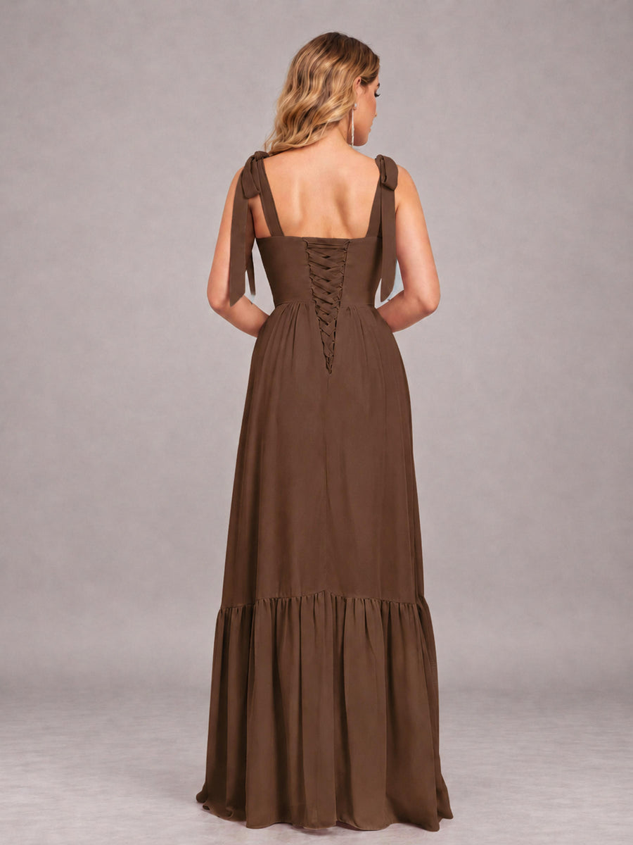 Brown Chic Sleeveless Lace Up Back Floor Length Chiffon Bridesmaid Dress