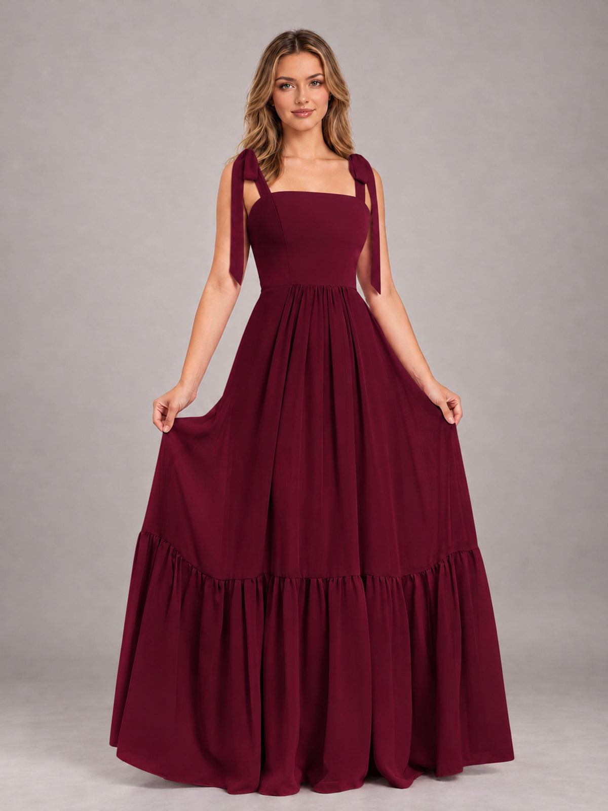 Burgundy Chic Sleeveless Lace Up Back Floor Length Chiffon Bridesmaid Dress
