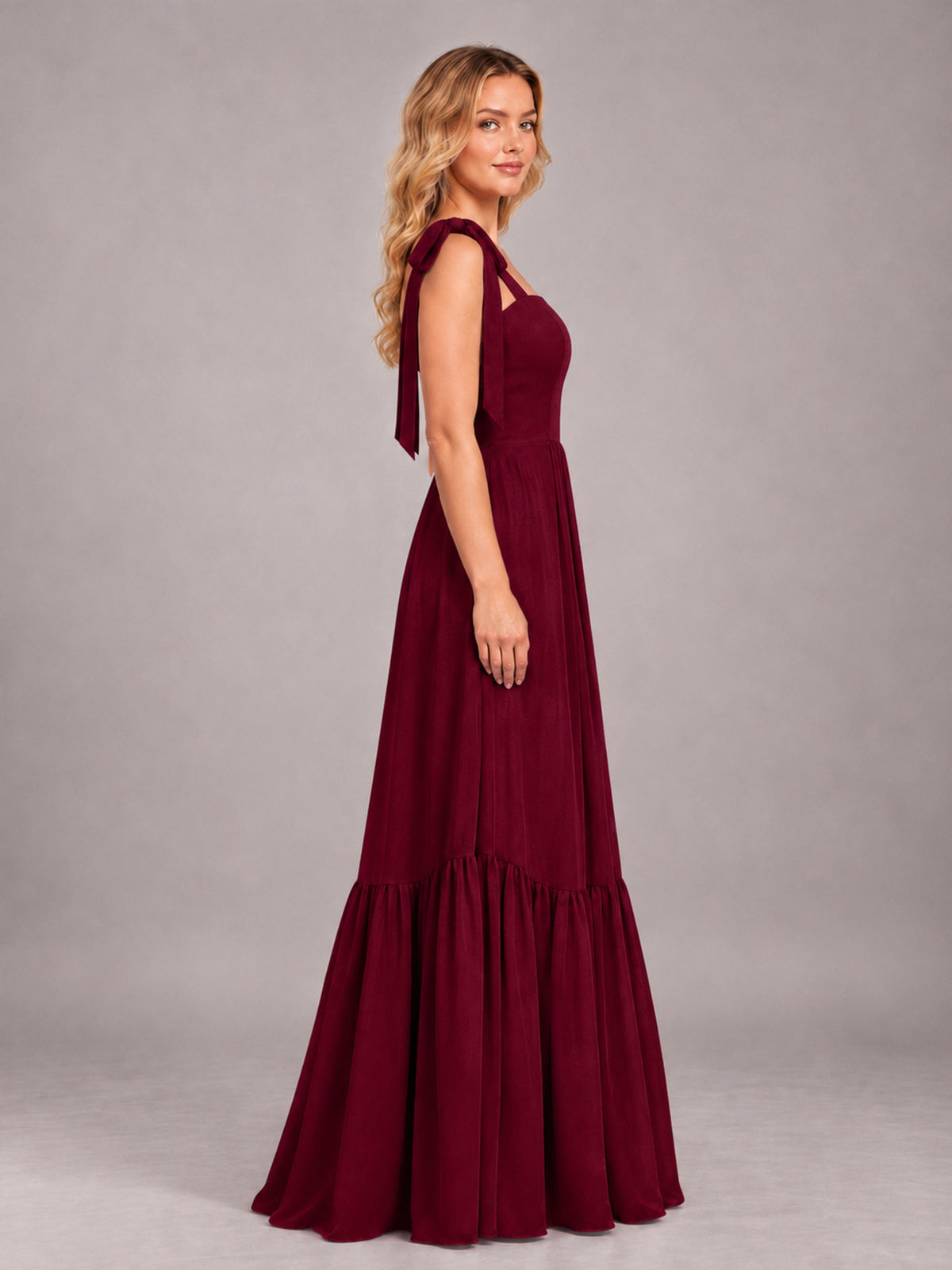 Burgundy Chic Sleeveless Lace Up Back Floor Length Chiffon Bridesmaid Dress