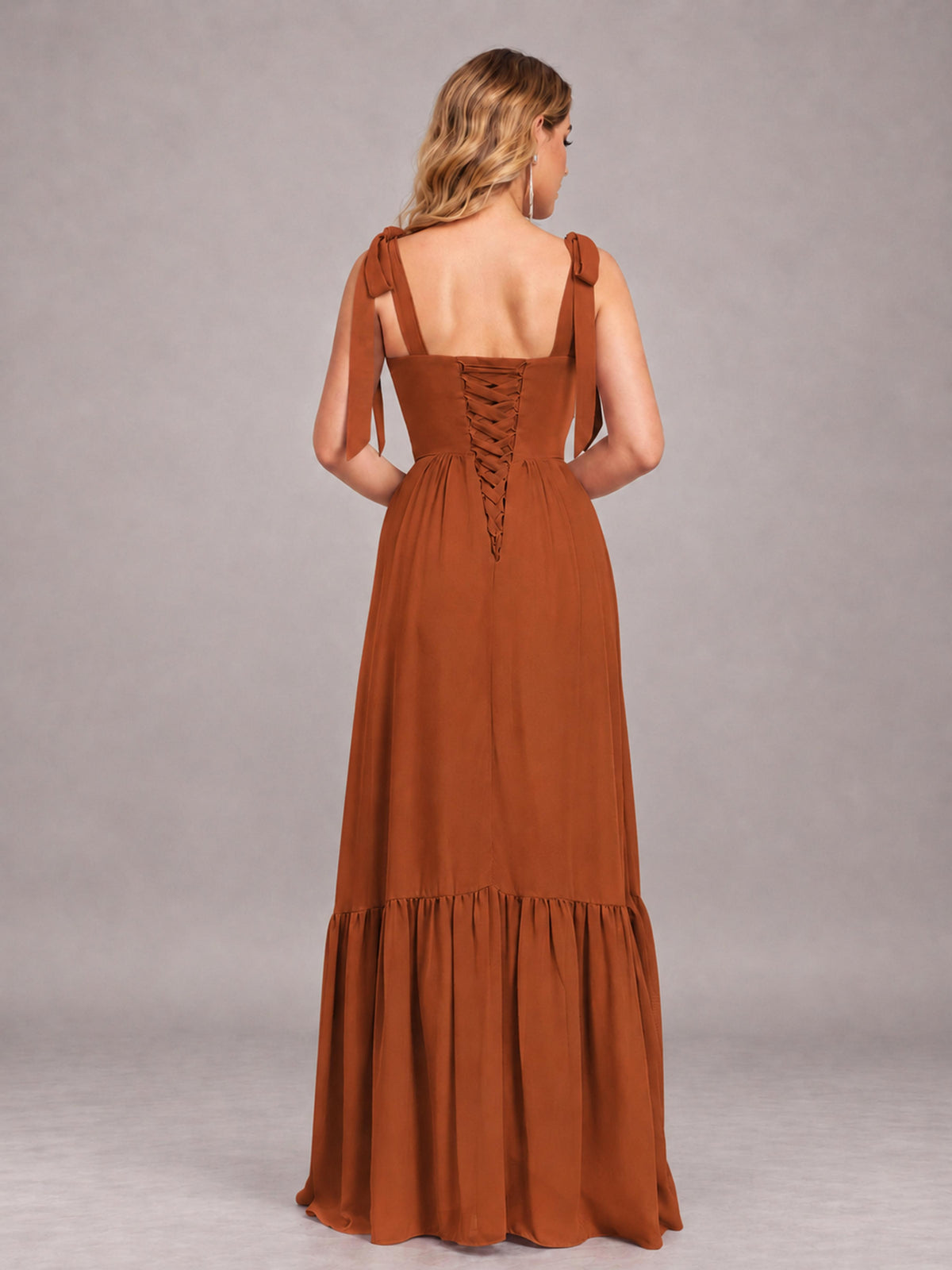 Burnt Orange Chic Sleeveless Lace Up Back Floor Length Chiffon Bridesmaid Dress