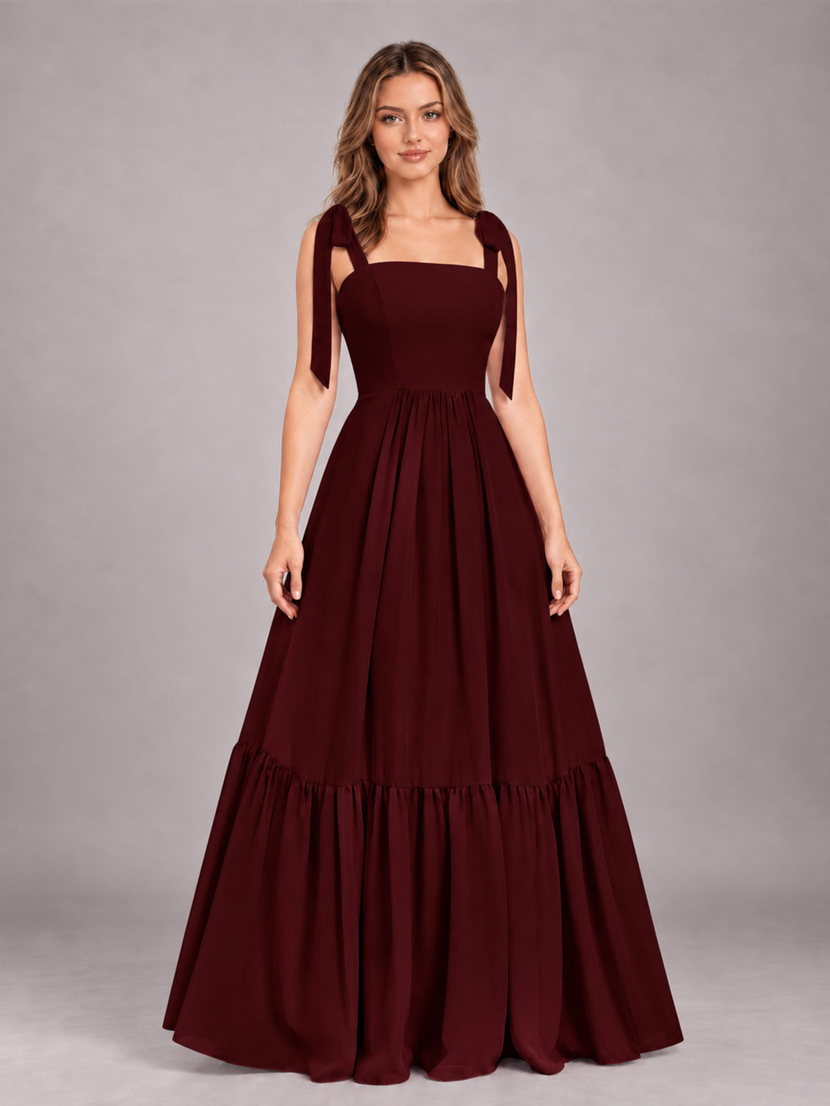 Cabernet Chic Sleeveless Lace Up Back Floor Length Chiffon Bridesmaid Dress