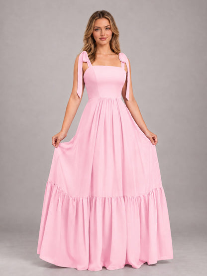 Candy Pink Chic Sleeveless Lace Up Back Floor Length Chiffon Bridesmaid Dress