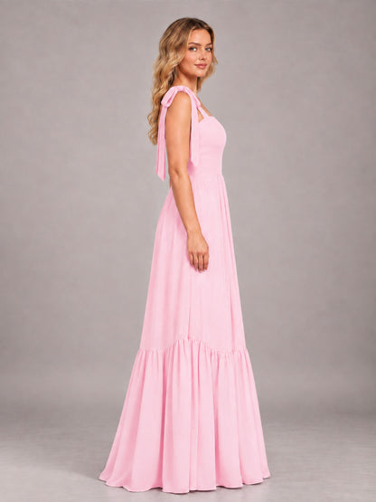 Candy Pink Chic Sleeveless Lace Up Back Floor Length Chiffon Bridesmaid Dress
