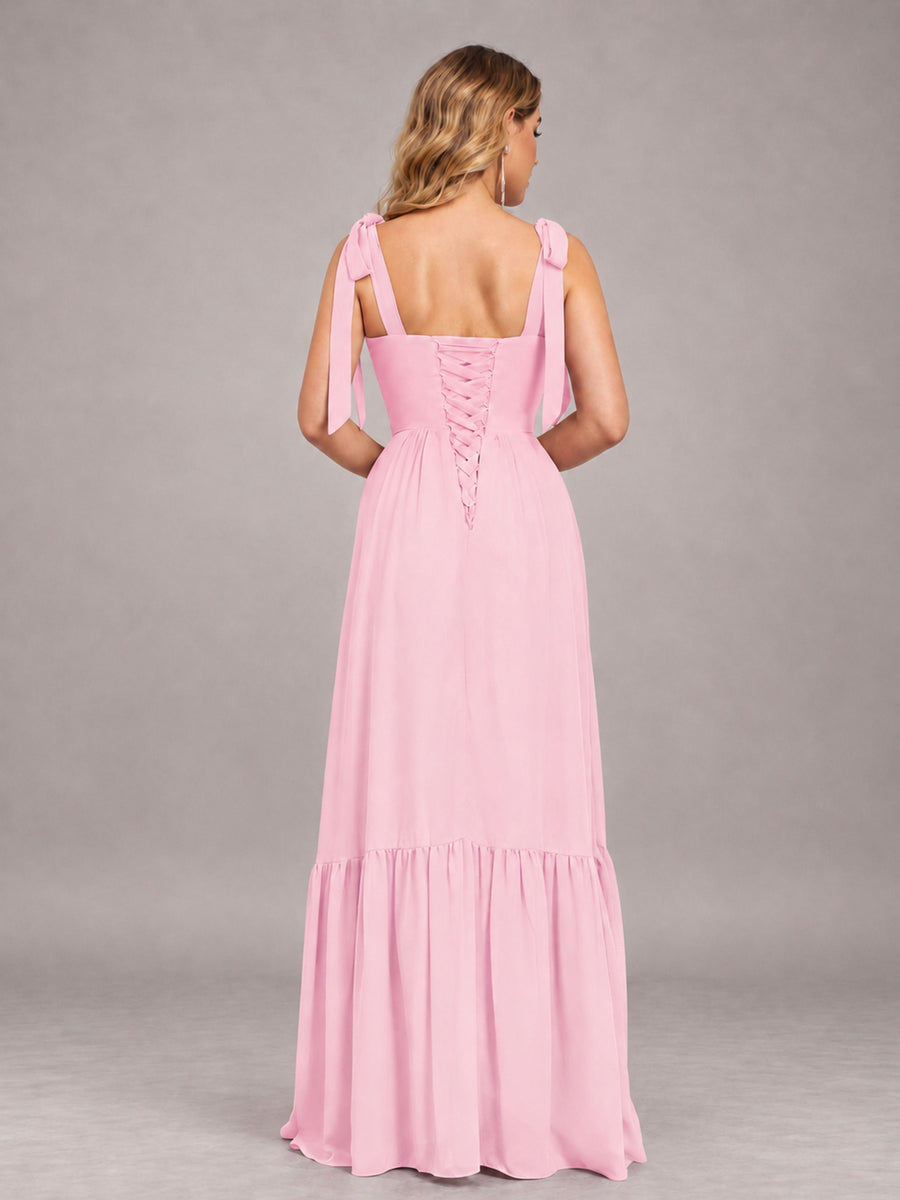 Candy Pink Chic Sleeveless Lace Up Back Floor Length Chiffon Bridesmaid Dress