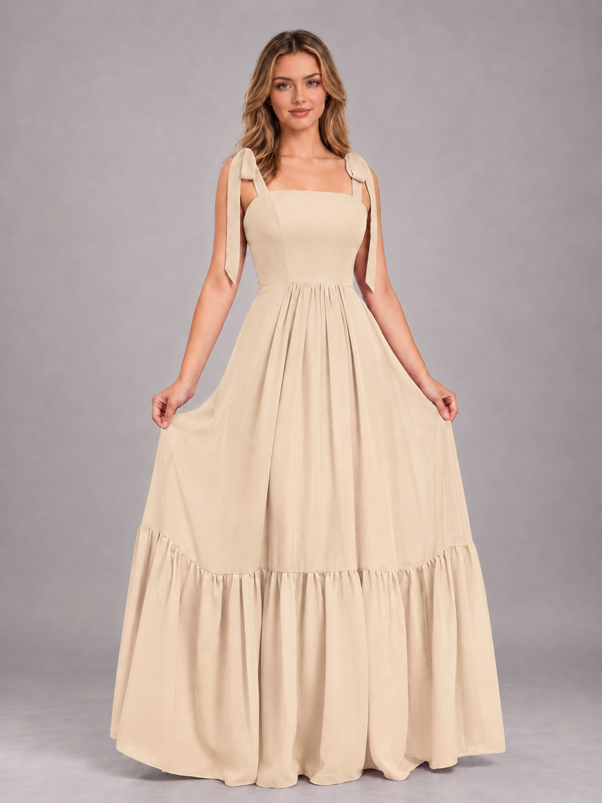 Champagne Chic Sleeveless Lace Up Back Floor Length Chiffon Bridesmaid Dress