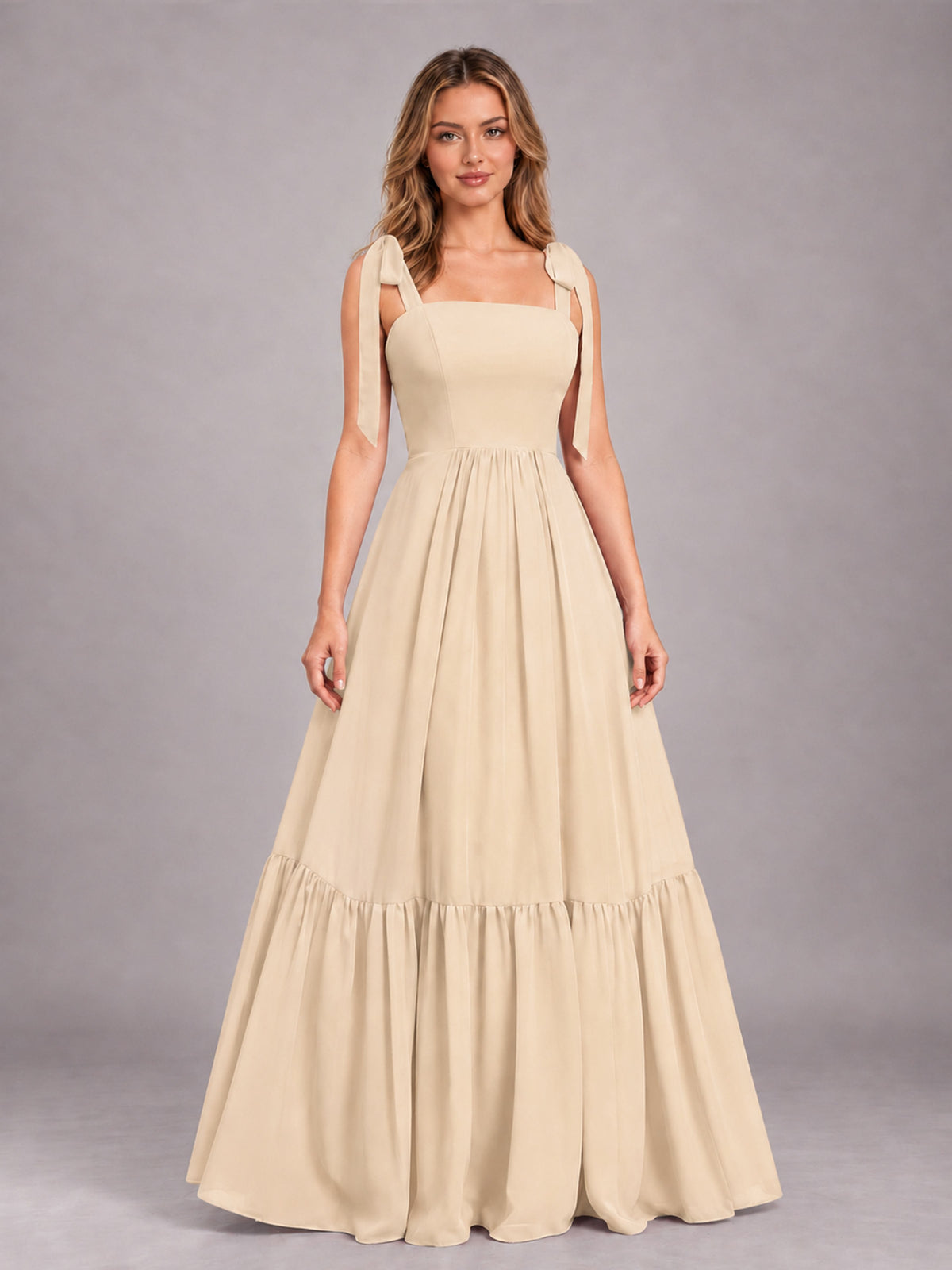 Champagne Chic Sleeveless Lace Up Back Floor Length Chiffon Bridesmaid Dress