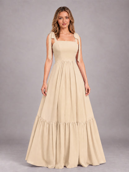 Champagne Chic Sleeveless Lace Up Back Floor Length Chiffon Bridesmaid Dress
