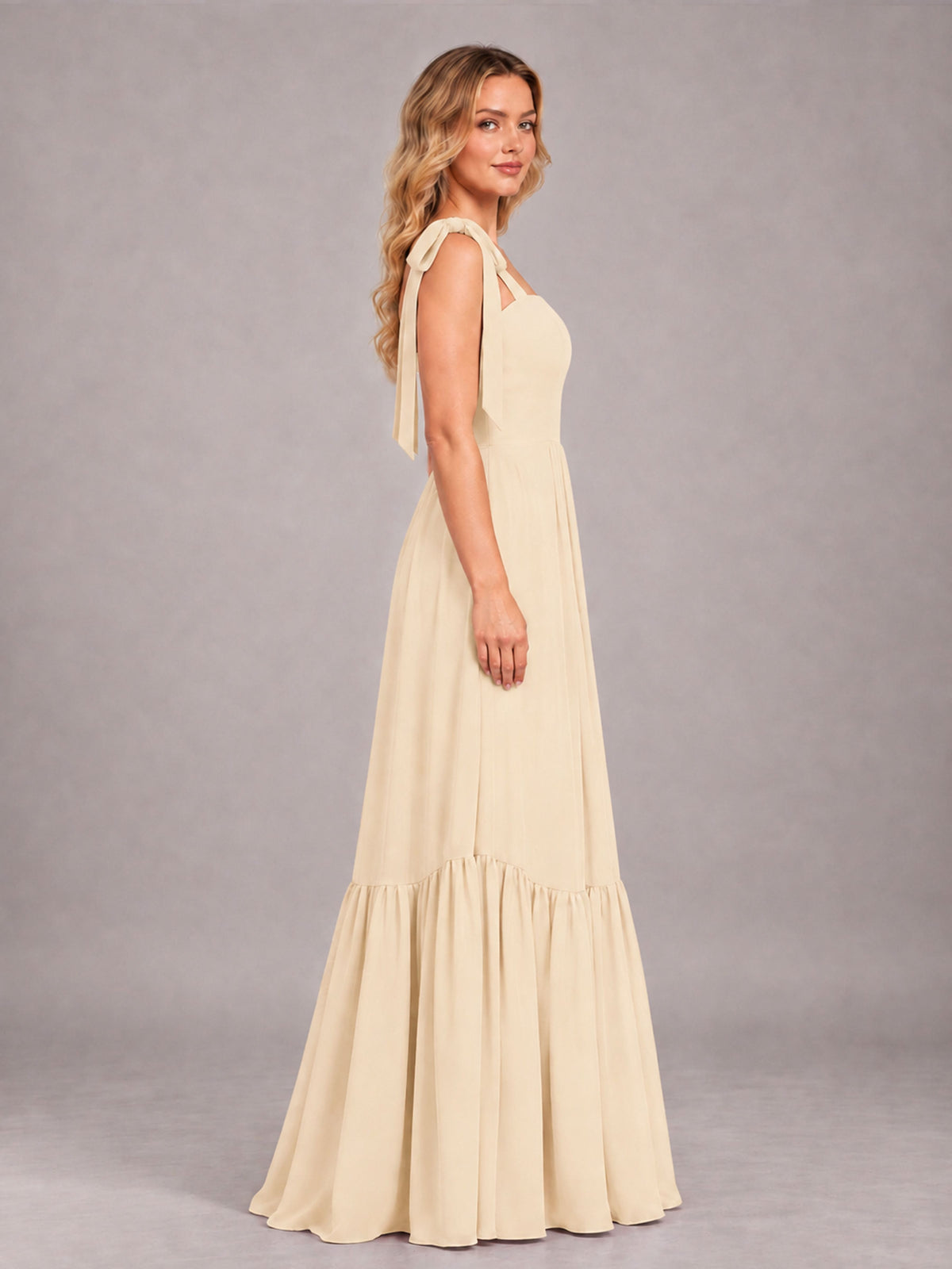 Champagne Chic Sleeveless Lace Up Back Floor Length Chiffon Bridesmaid Dress