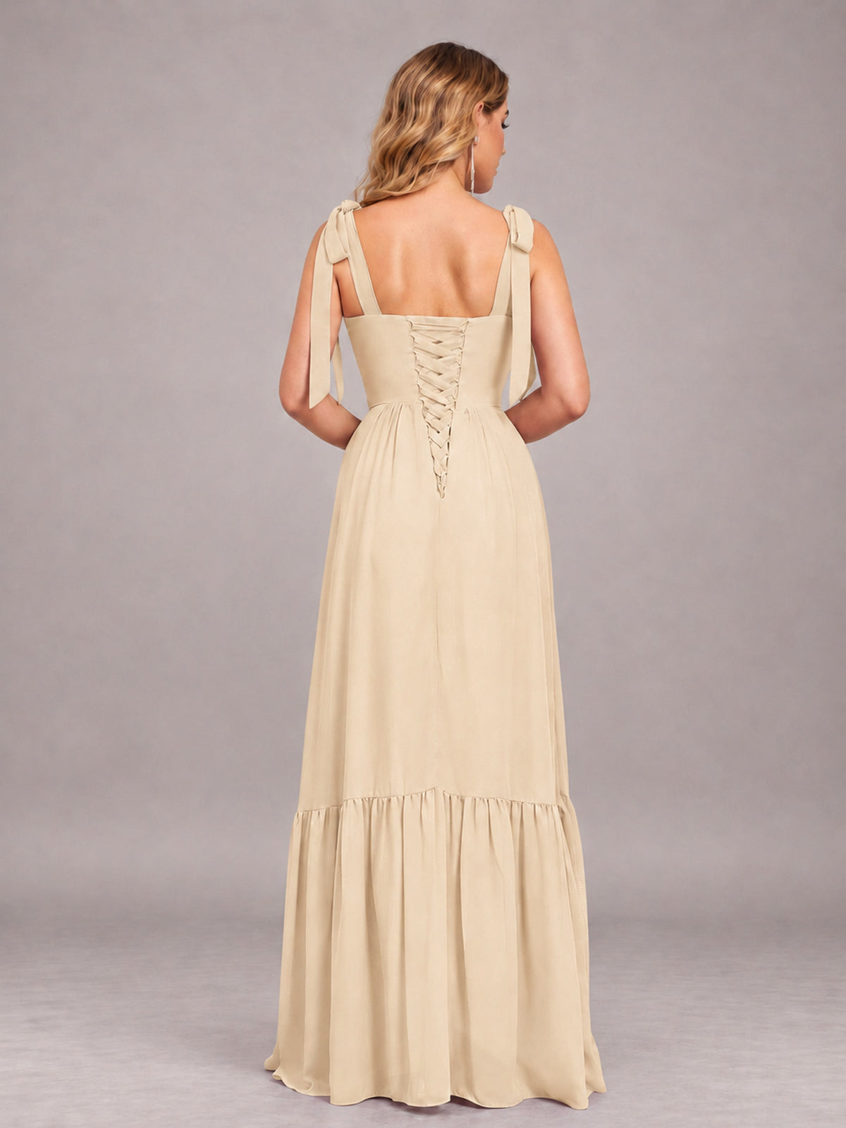 Champagne Chic Sleeveless Lace Up Back Floor Length Chiffon Bridesmaid Dress