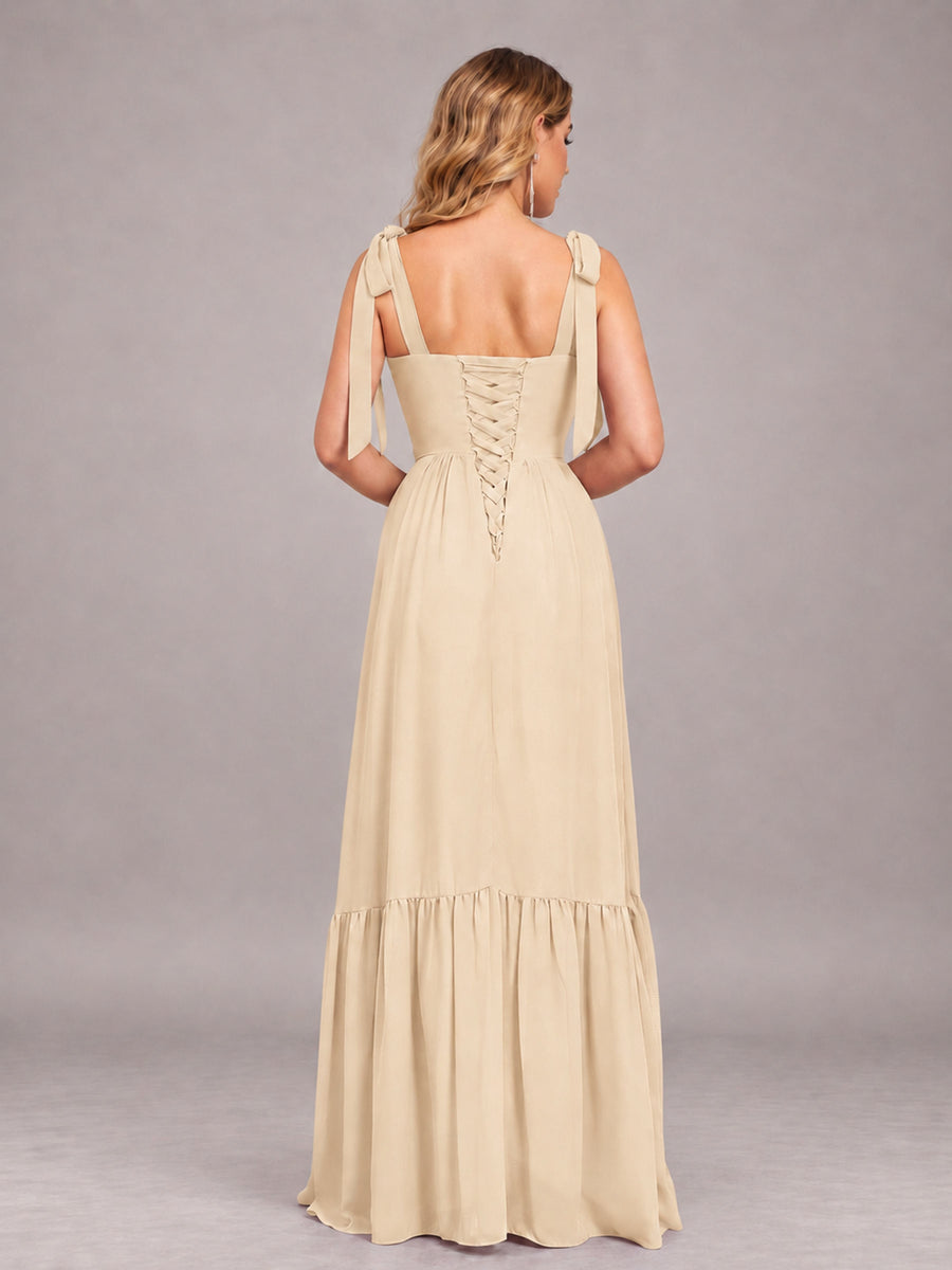Champagne Chic Sleeveless Lace Up Back Floor Length Chiffon Bridesmaid Dress