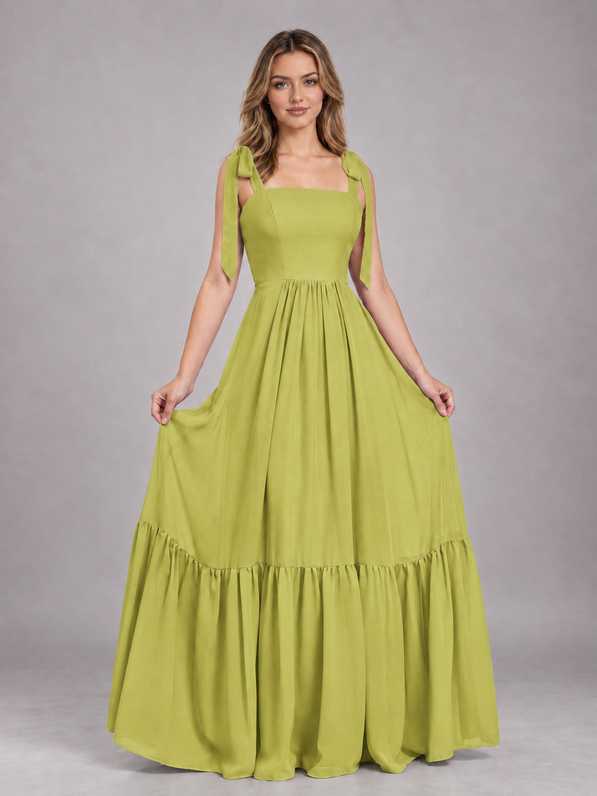 Chartreuse Chic Sleeveless Lace Up Back Floor Length Chiffon Bridesmaid Dress