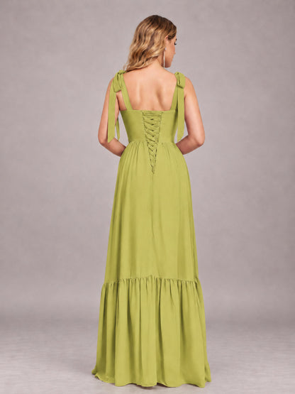 Chartreuse Chic Sleeveless Lace Up Back Floor Length Chiffon Bridesmaid Dress